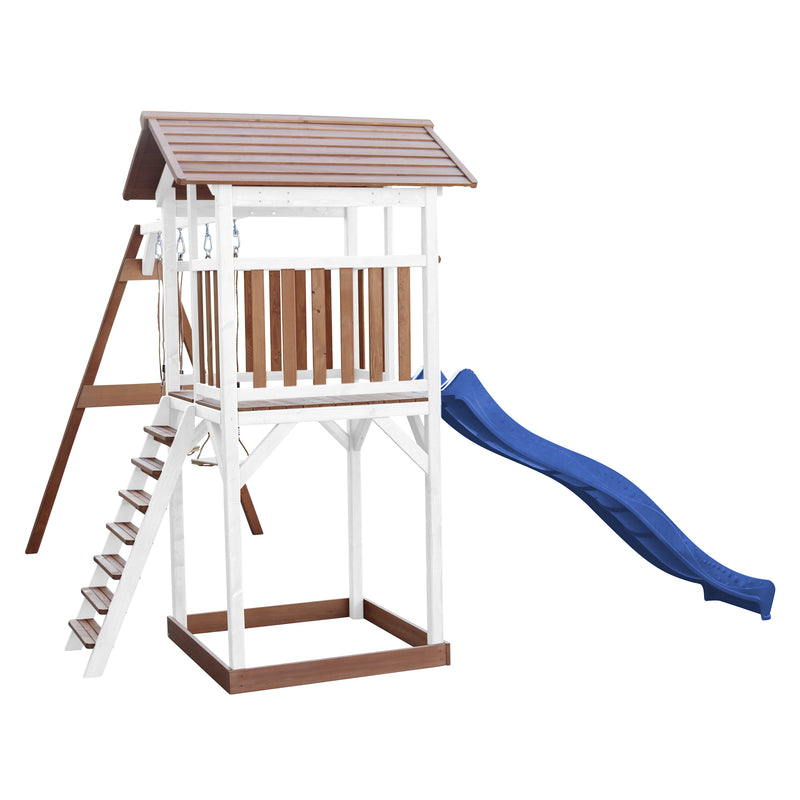 AXI Beach Tower Legetårn med Dobbelt Gynge Brun/Hvid - Blå Rutsjebane
