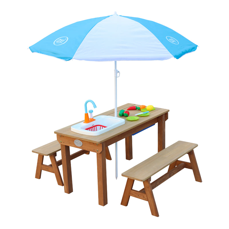 AXI Dennis Sand- & Vand Picnicbord med legekøkkenvask og bænke Brun - Parasol Blå/Hvid