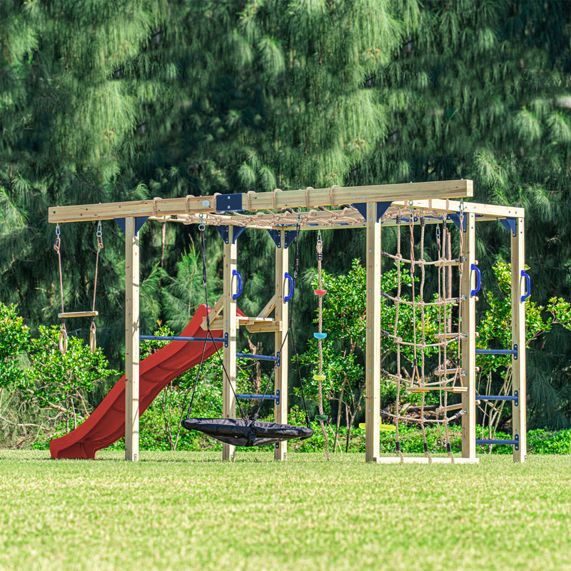 AXI Boris Legetårn med Gynger, Trapez, Klatrenet og Monkey Bars – Rød Rutsjebane