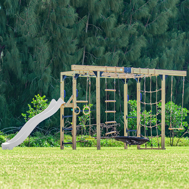 AXI Boris Legetårn med Gynger, Trapez, Klatrenet og Monkey Bars – Hvid Rutsjebane