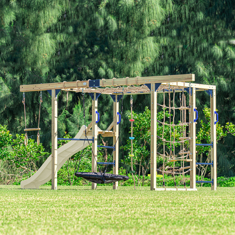 AXI Boris Legetårn med Gynger, Trapez, Klatrenet og Monkey Bars – Creme Rutsjebane