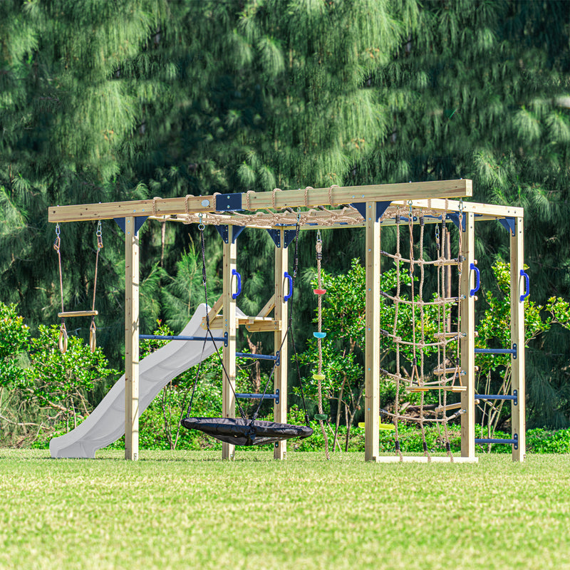 AXI Boris Legetårn med Gynger, Trapez, Klatrenet og Monkey Bars – Hvid Rutsjebane