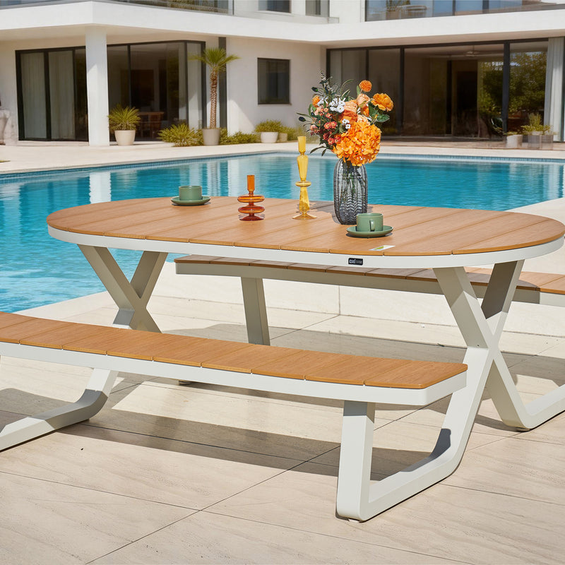 AXI Jax Picnicbord med 2 bænke Oval – Sandy Beige/Teak-look Polywood