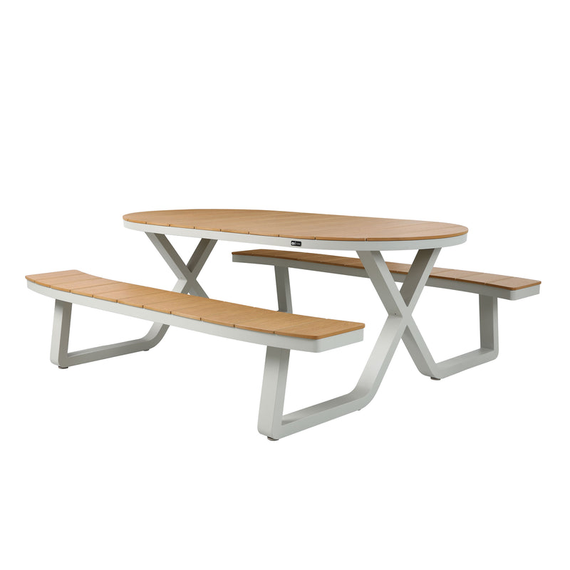 AXI Jax Picnicbord med 2 bænke Oval – Sandy Beige/Teak-look Polywood