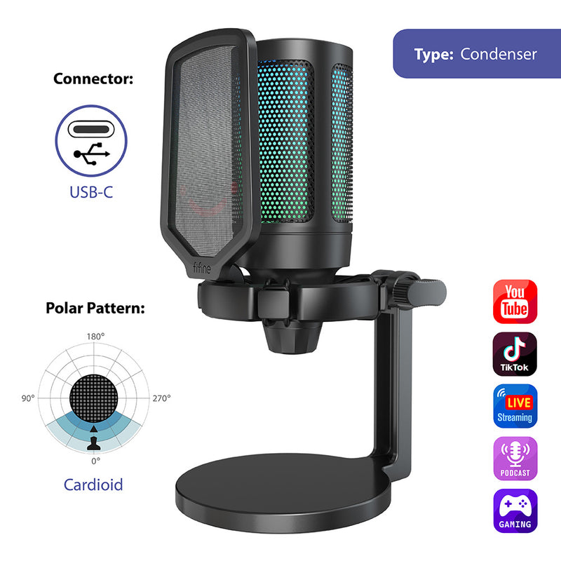 FIFINE A6NEO RGB USB-kondensatormikrofon, sort