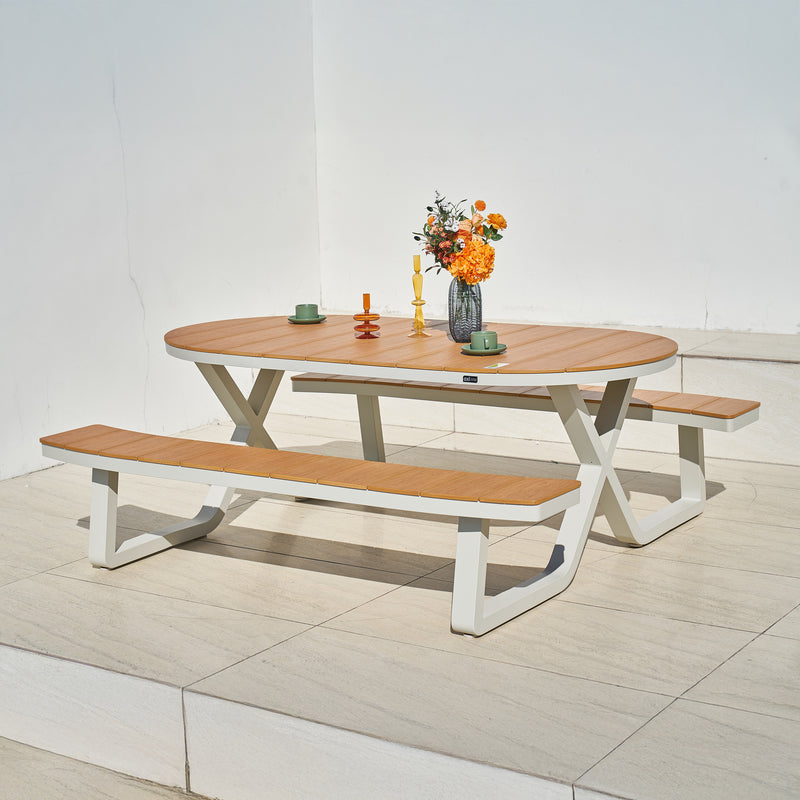 AXI Jax Picnicbord med 2 bænke Oval – Sandy Beige/Teak-look Polywood