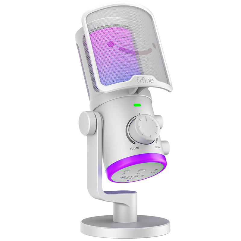 FIFINE AM6 RGB USB-kondensatormikrofon med knap til balance mellem chat- og spillyd, hvid