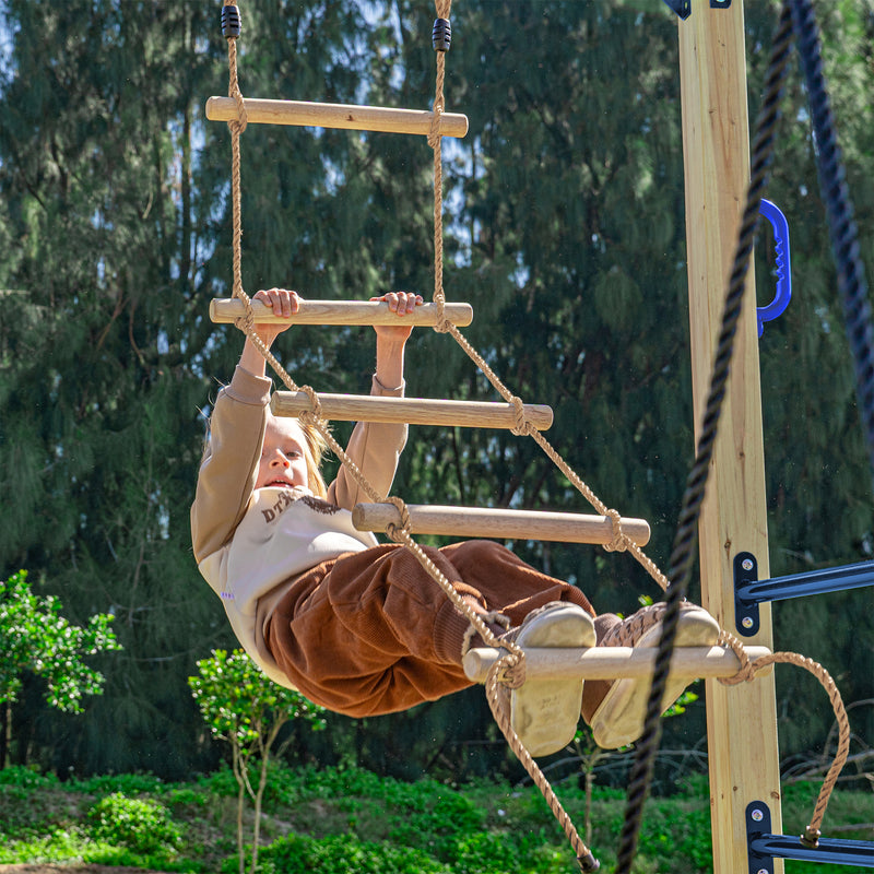 AXI Boris Legetårn med Gynger, Trapez, Klatrenet og Monkey Bars – Blå Rutsjebane