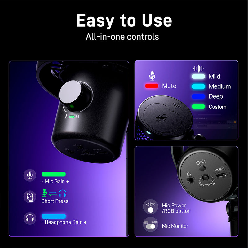 MAONO DM40 Pro AI-gamingmikrofon, kondensator, RGB, USB/trådløs, sort