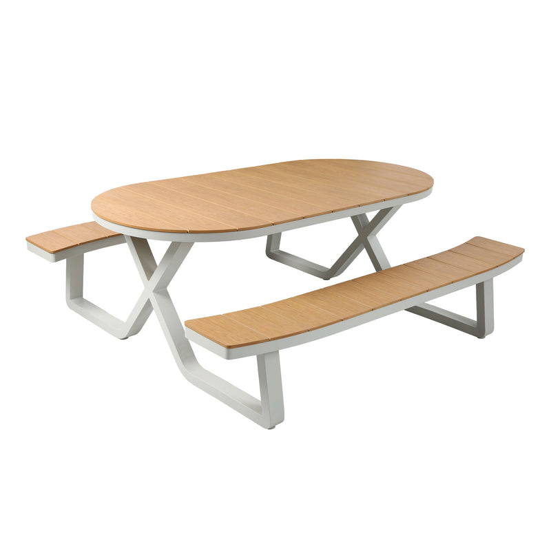AXI Jax Picnicbord med 2 bænke Oval – Sandy Beige/Teak-look Polywood