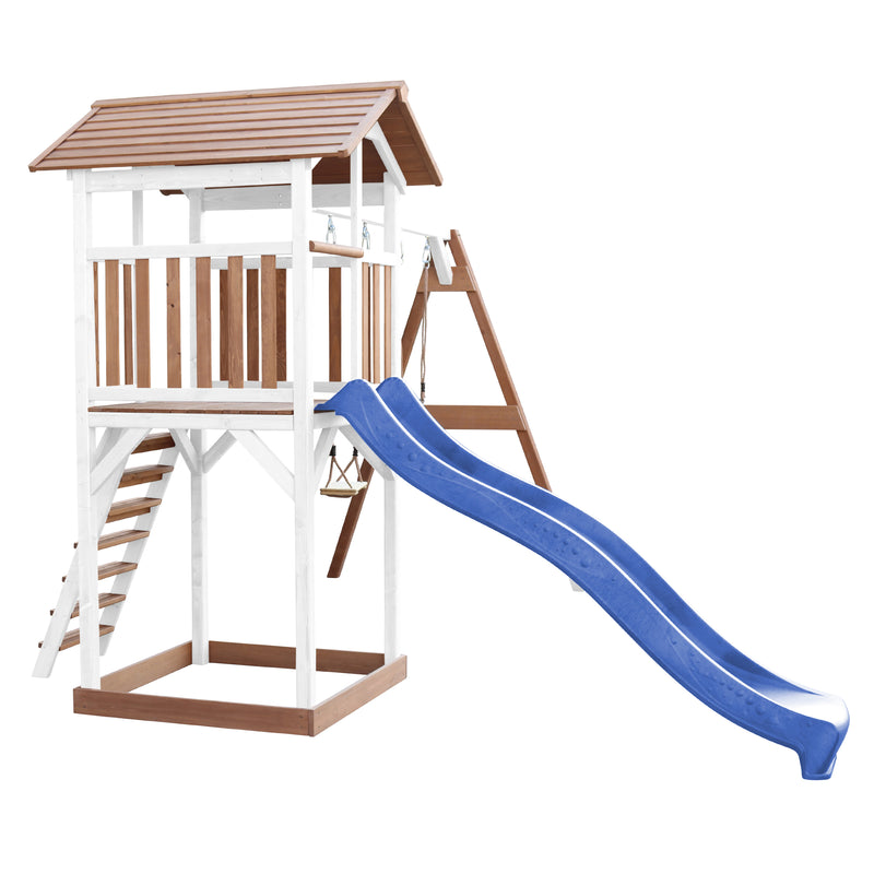 AXI Beach Tower Legetårn med Dobbelt Gynge Brun/Hvid - Blå Rutsjebane