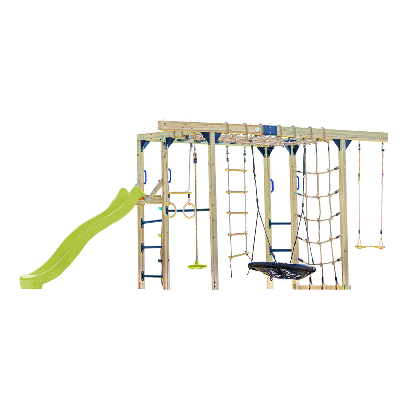 AXI Boris Legetårn med Gynger, Trapez, Klatrenet og Monkey Bars – Limegrøn Rutsjebane
