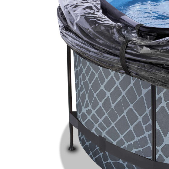 EXIT Stone pool ø360x122cm med sandfilterpumpe og poolskærm og varmepumpe - grå