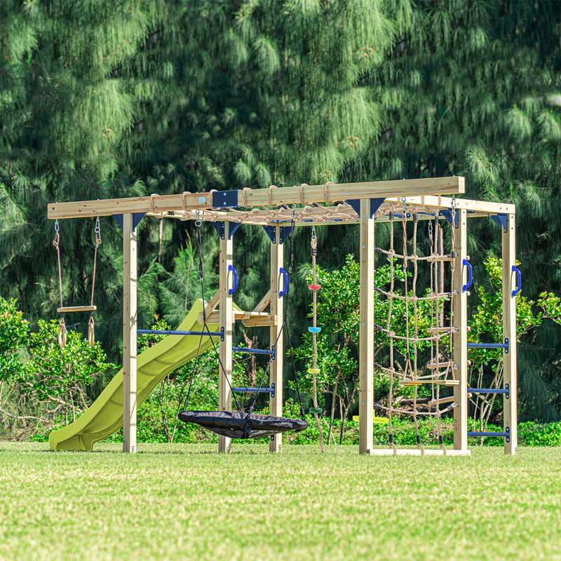 AXI Boris Legetårn med Gynger, Trapez, Klatrenet og Monkey Bars – Limegrøn Rutsjebane