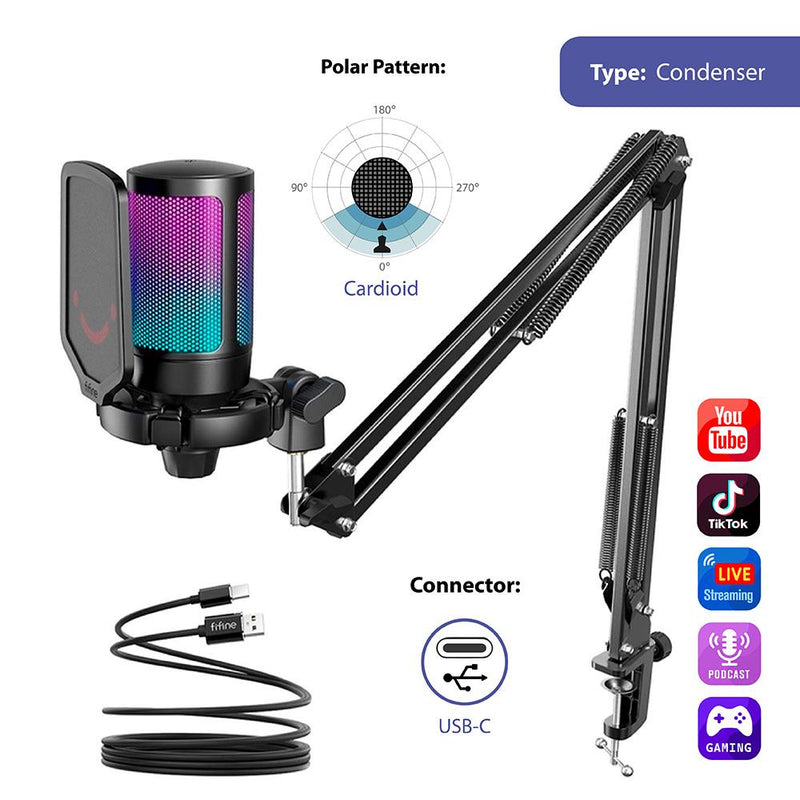 FIFINE A6T Condenser RGB USB Microphone with Boom Arm, Black