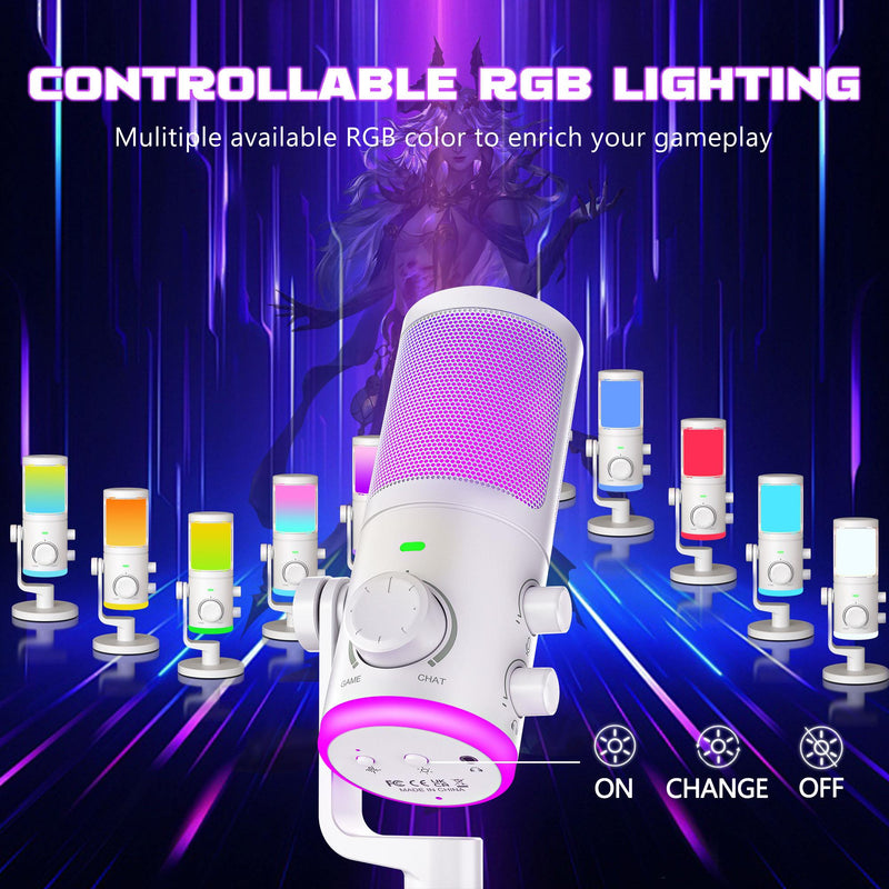 FIFINE AM6 Condenser RGB USB Microphone with chat and gaming volume preference knob, White