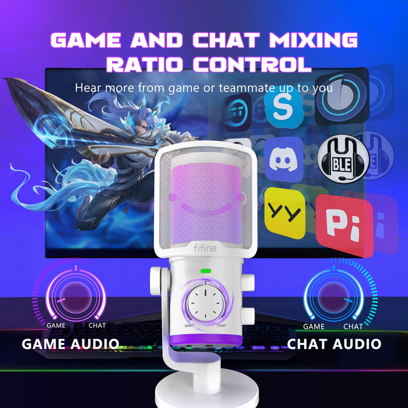 FIFINE AM6 Condenser RGB USB Microphone with chat and gaming volume preference knob, White