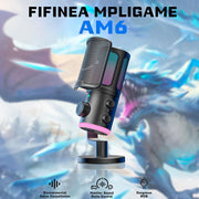 FIFINE AM6 Condenser RGB USB Microphone with chat and gaming volume preference knob, Black