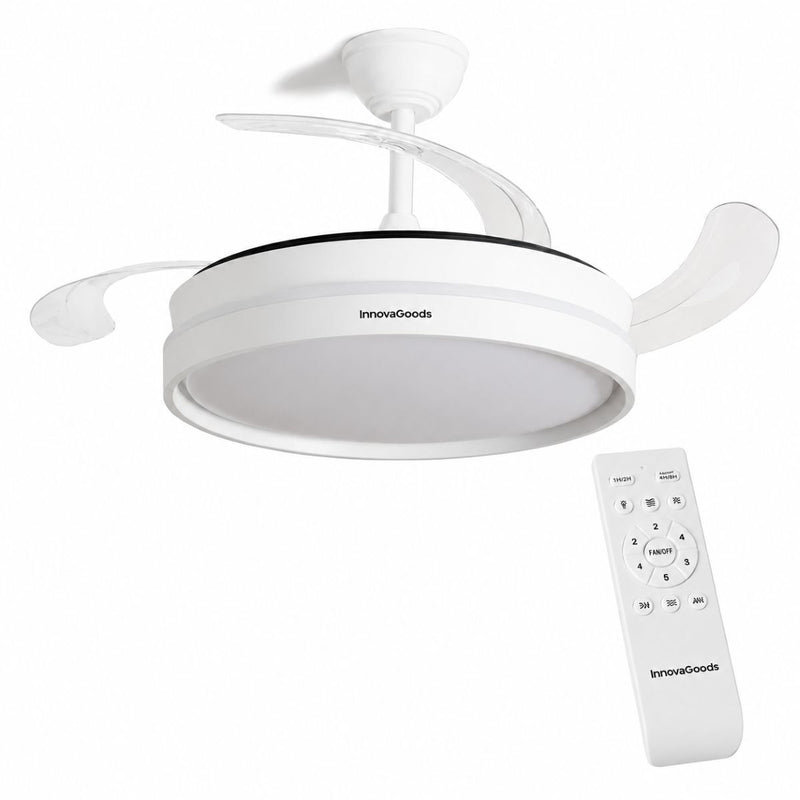 Loftventilator med lys InnovaGoods, lydsvag, indtrækkelige blade, 6 hastigheder, 3 tilstande, fjernbetjening (Refurbished B)