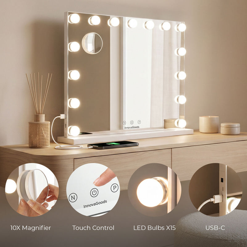 Makeupspejl med LED Hollywood Glimma Deluxe InnovaGoods 15 Elpærer